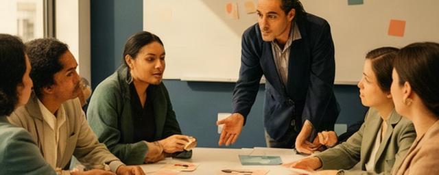 Collega's werken samen tijdens een teamsessie in een moderne vergaderruimte